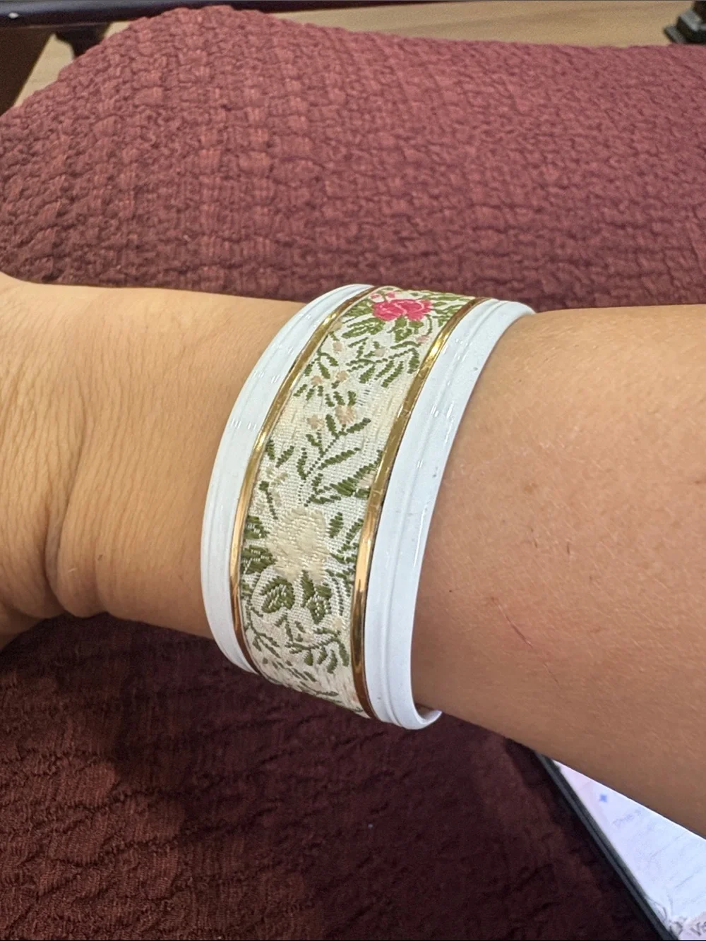 Vintage White Floral Fabric and Gold Trim Bangle Bracelet